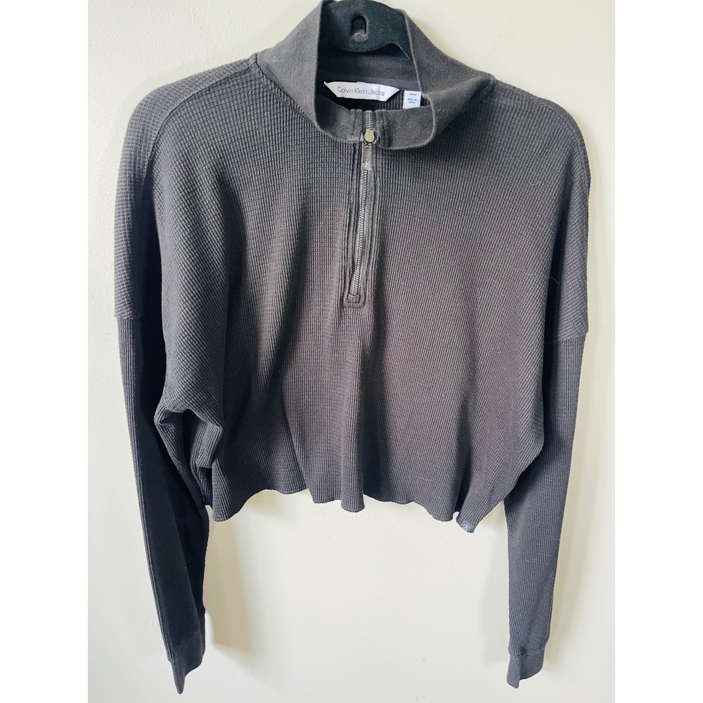 Calvin Klein Jeans Womens Charcoal Waffle Knit Quarter Zip Cropped Sweater S